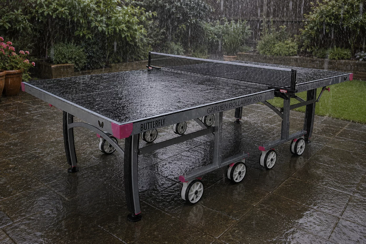 Butterfly outdoor table tennis table in rainy weather