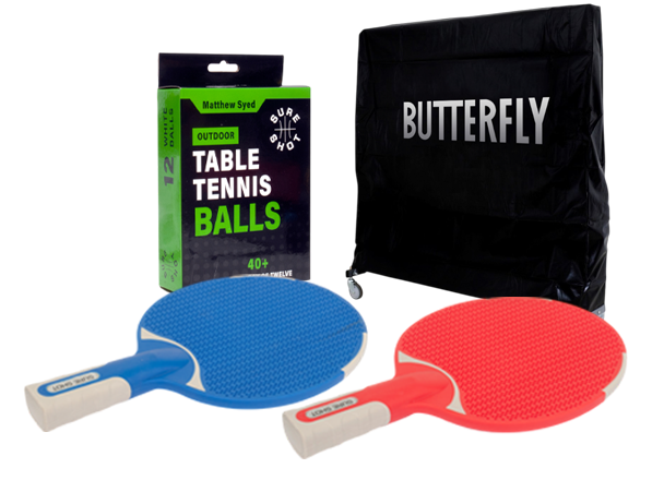 2 Player Outdoor Set: Butterfly Deluxe Table Cover, 2 Sure Shot Outdoor Bats, 12 Sure Shot Outdoor Balls