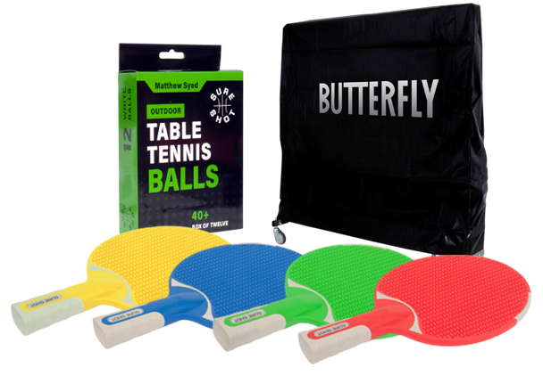 4 Player Outdoor Set: Butterfly Deluxe Table Cover, 4 Sure Shot Outdoor Bats, 12 Sure Shot Outdoor Balls