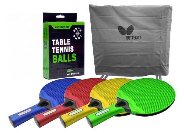 4 Player Outdoor Set: Butterfly Deluxe Table Cover, 4 Sure Shot Outdoor Bats, 12 Sure Shot Outdoor Balls