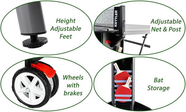 Leg levellers, wheel brake and bat storage